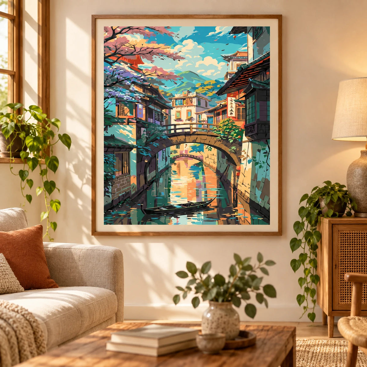 Tranquil Village Canal diamond painting displayed as home wall decor.