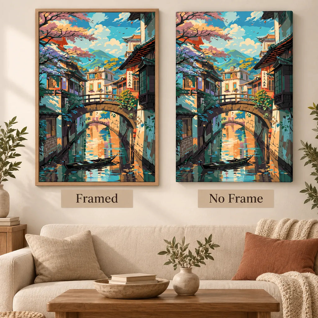 Framed and no-frame display comparison for Tranquil Village Canal Diamond Painting Kit.
