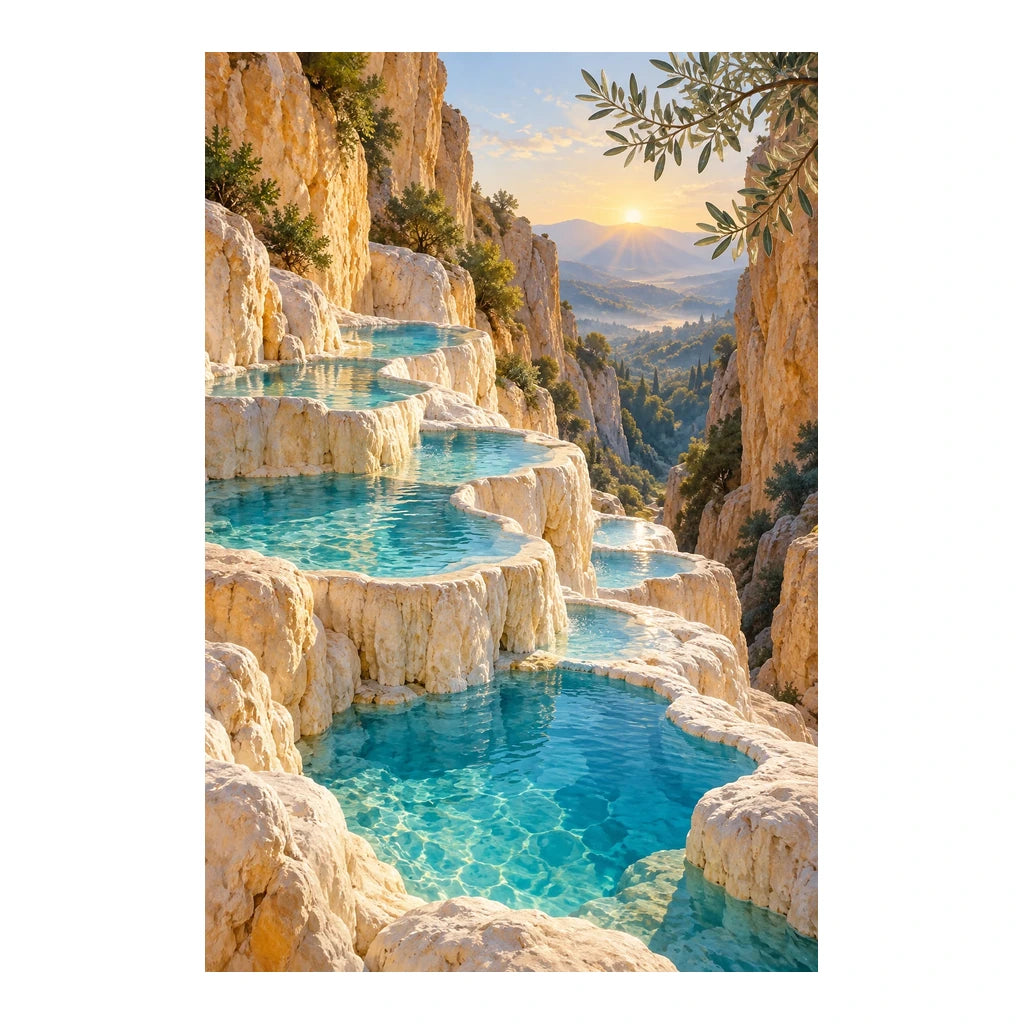 Original white-background artwork of terraced travertine pools in a turquoise landscape