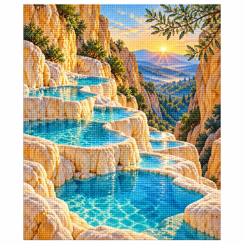 Finished diamond painting of terraced travertine pools and turquoise water