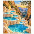 Finished diamond painting of terraced travertine pools and turquoise water