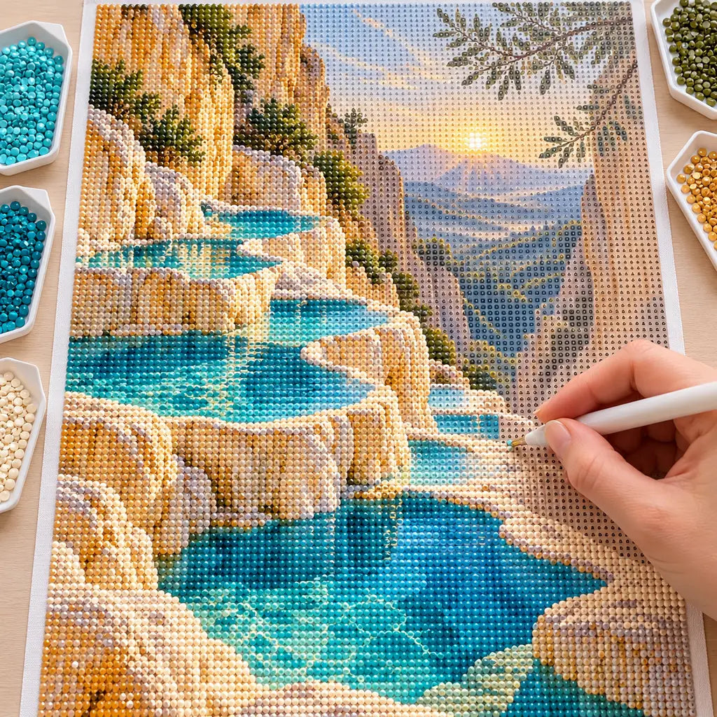 Hands placing drills on the travertine turquoise pools diamond painting canvas