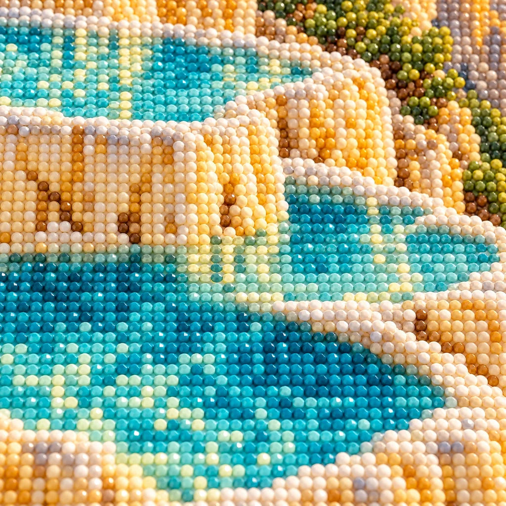 Close-up of sparkling drills on travertine ledges and turquoise pools
