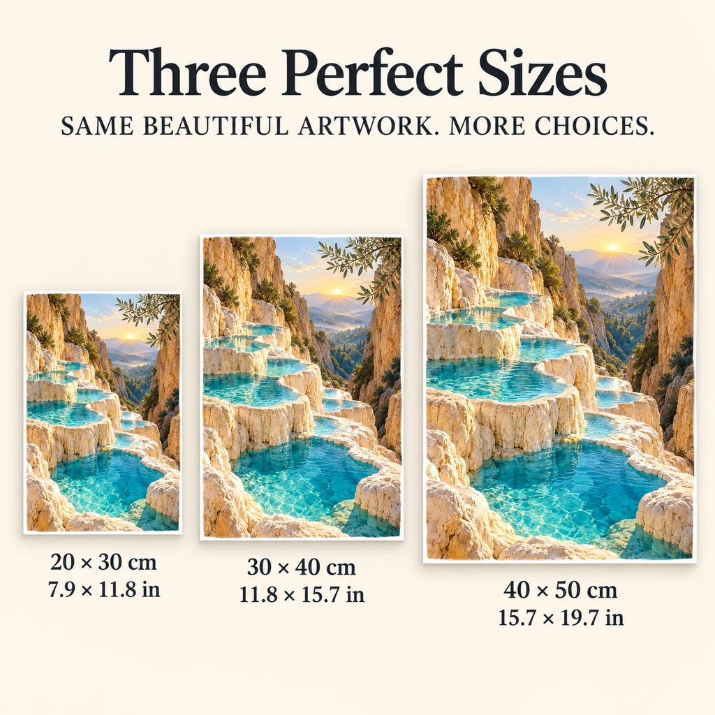 Travertine turquoise pools diamond painting in 20 by 30, 30 by 40, and 40 by 50 centimeter sizes