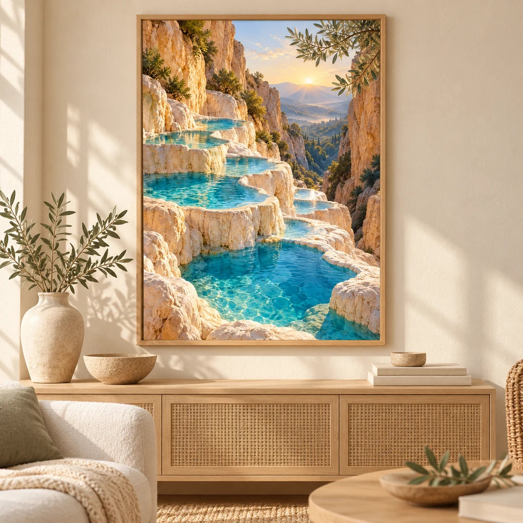 Framed travertine turquoise pools diamond painting displayed in a home interior