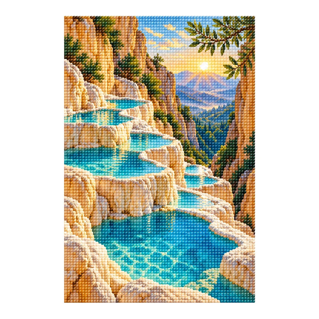 Finished diamond painting of terraced travertine pools and turquoise water