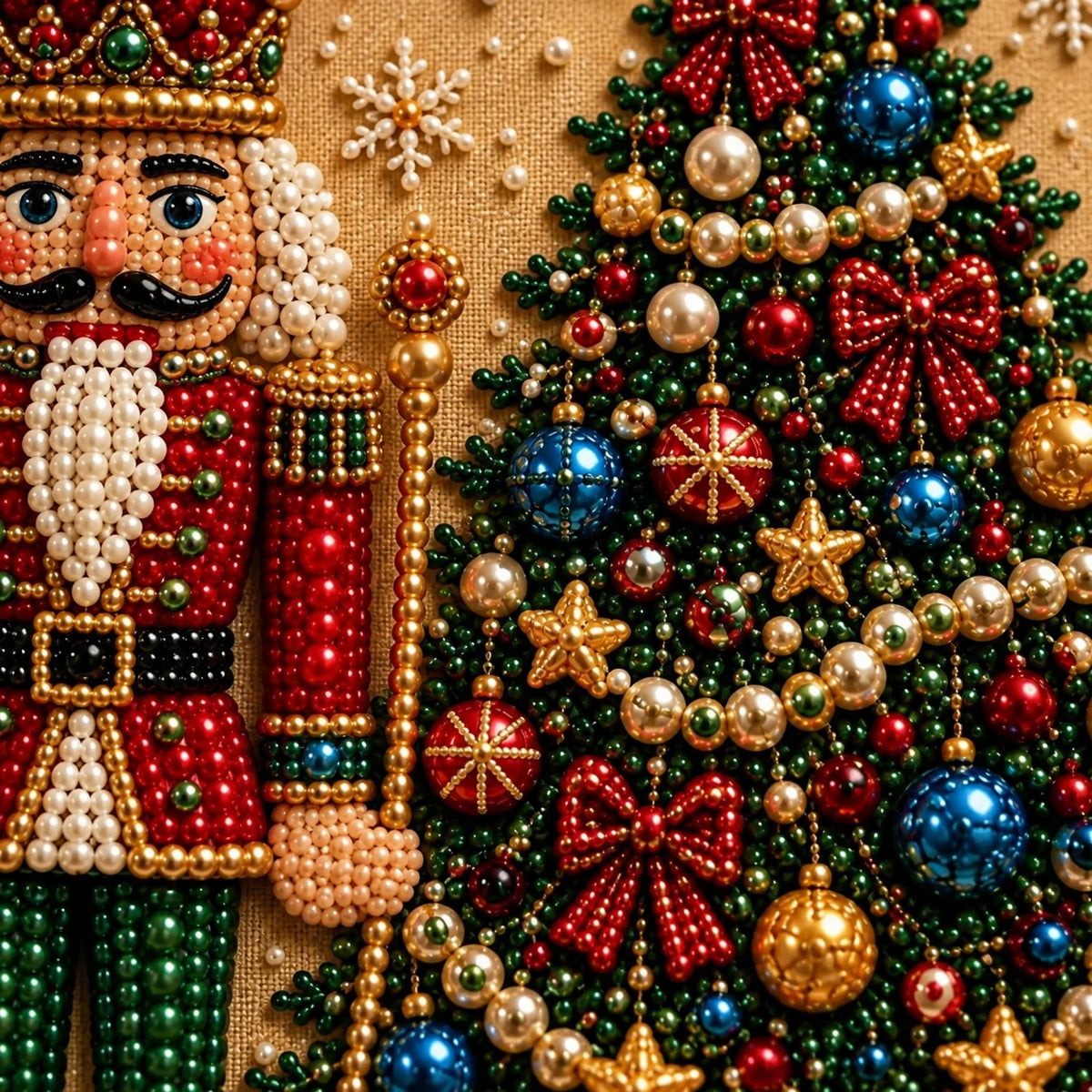 Nutcracker Christmas tree pearl diamond painting — pearl texture close-up