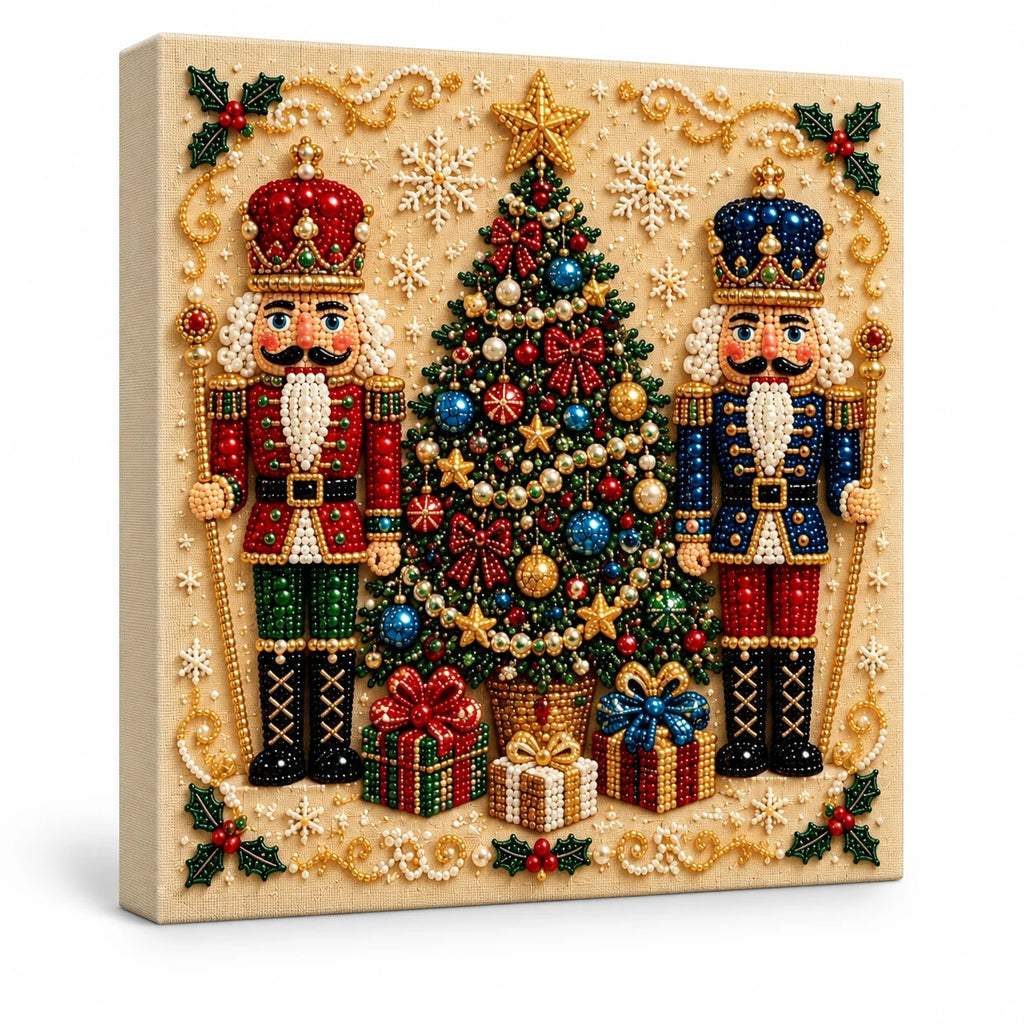 Nutcracker Christmas tree pearl diamond painting — finished design on white background; illustrative DIY result