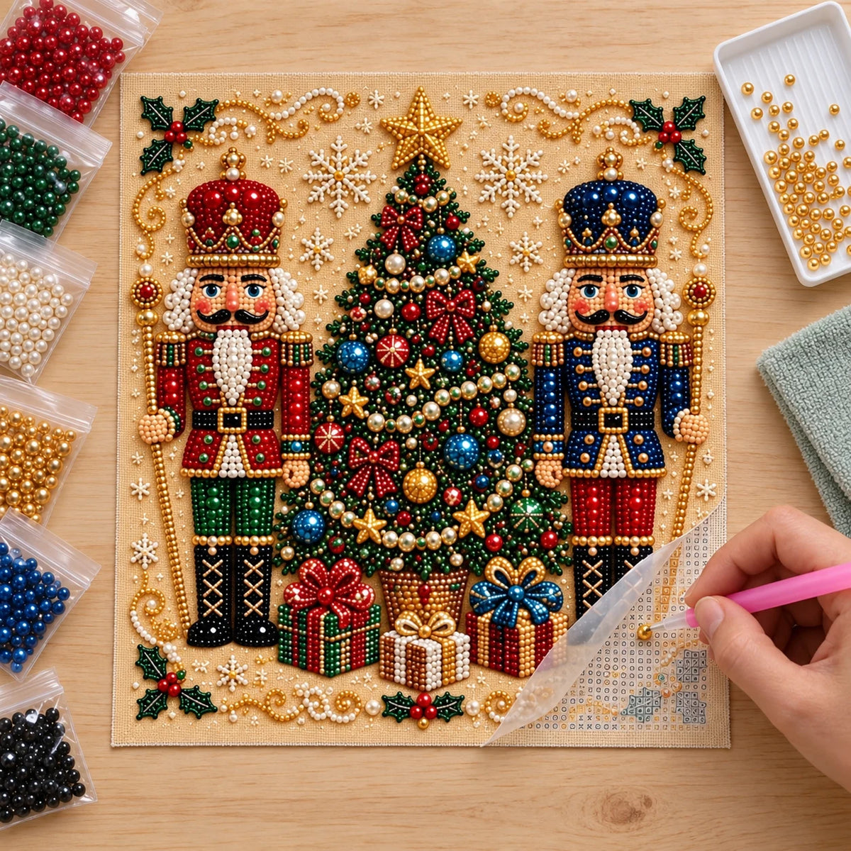 Nutcracker Christmas tree pearl diamond painting — pearl placement process illustration