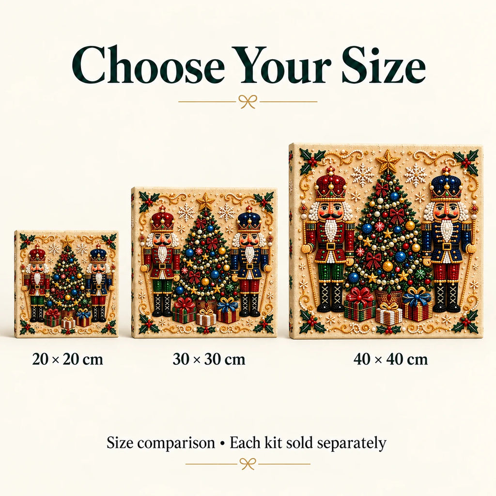 Nutcracker Christmas tree pearl diamond painting — 20, 30 and 40 cm size comparison; each kit sold separately