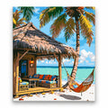 Tropical Beach Hut and Hammock paint by numbers artwork on a front-facing canvas against a white background