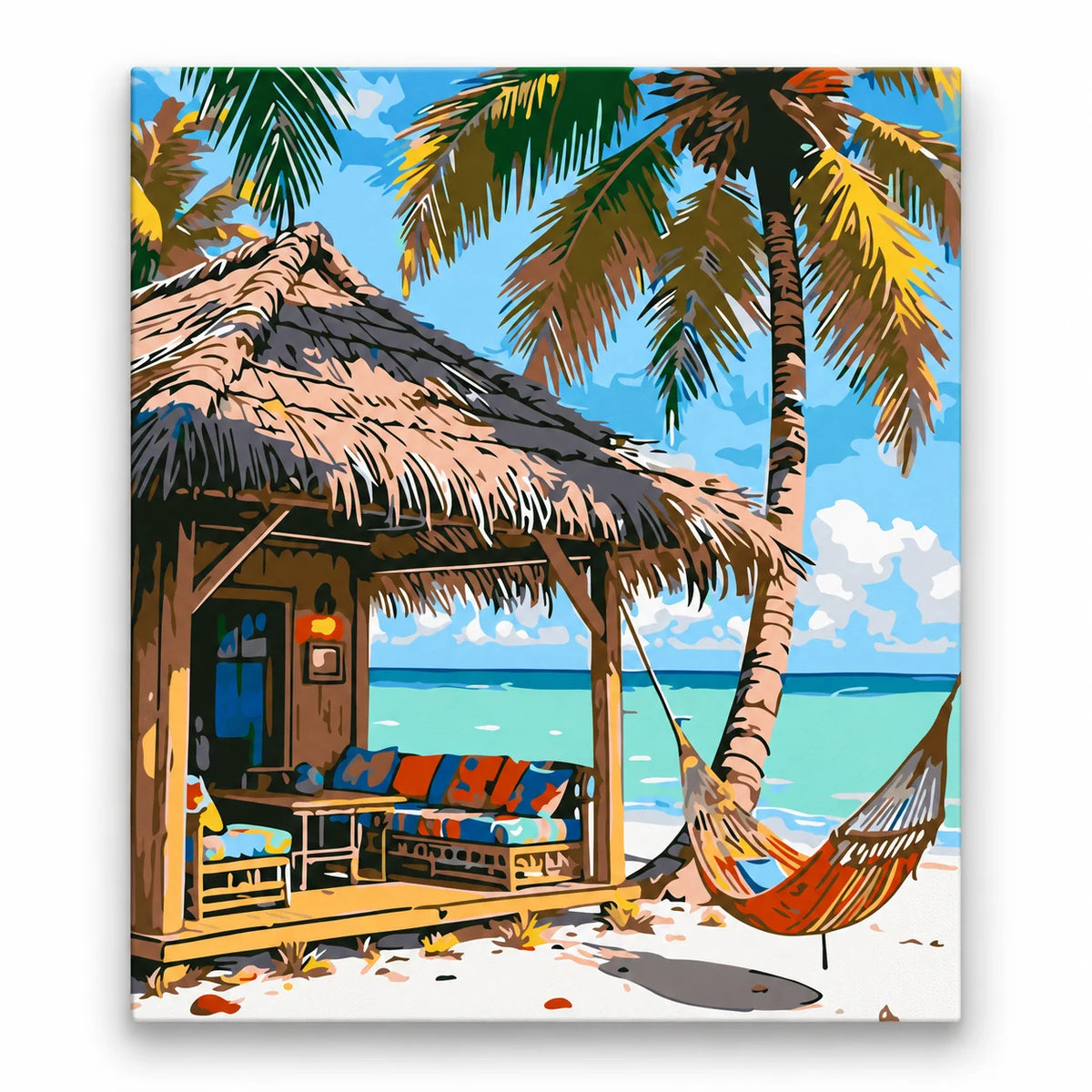 Tropical Beach Hut and Hammock paint by numbers artwork on a front-facing canvas against a white background