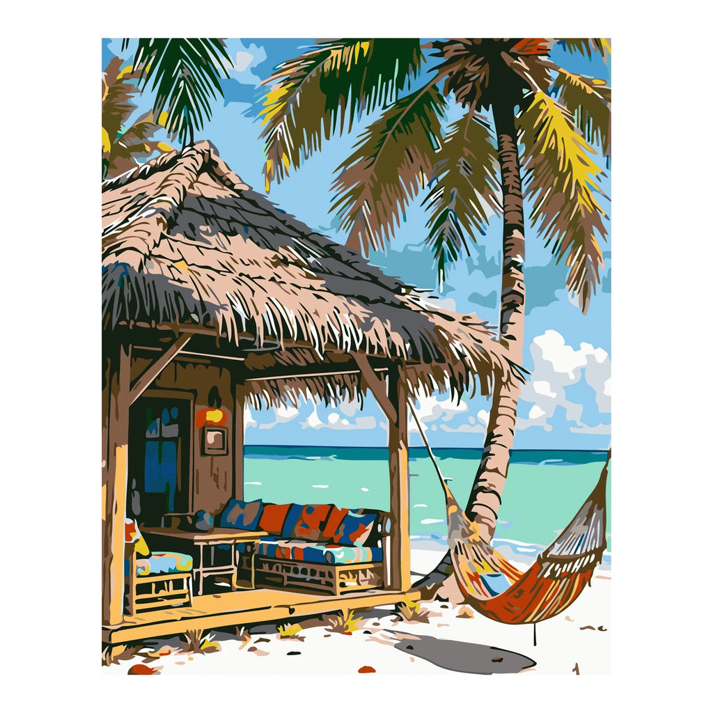 Tropical Beach Hut and Hammock completed artwork on a clean white background