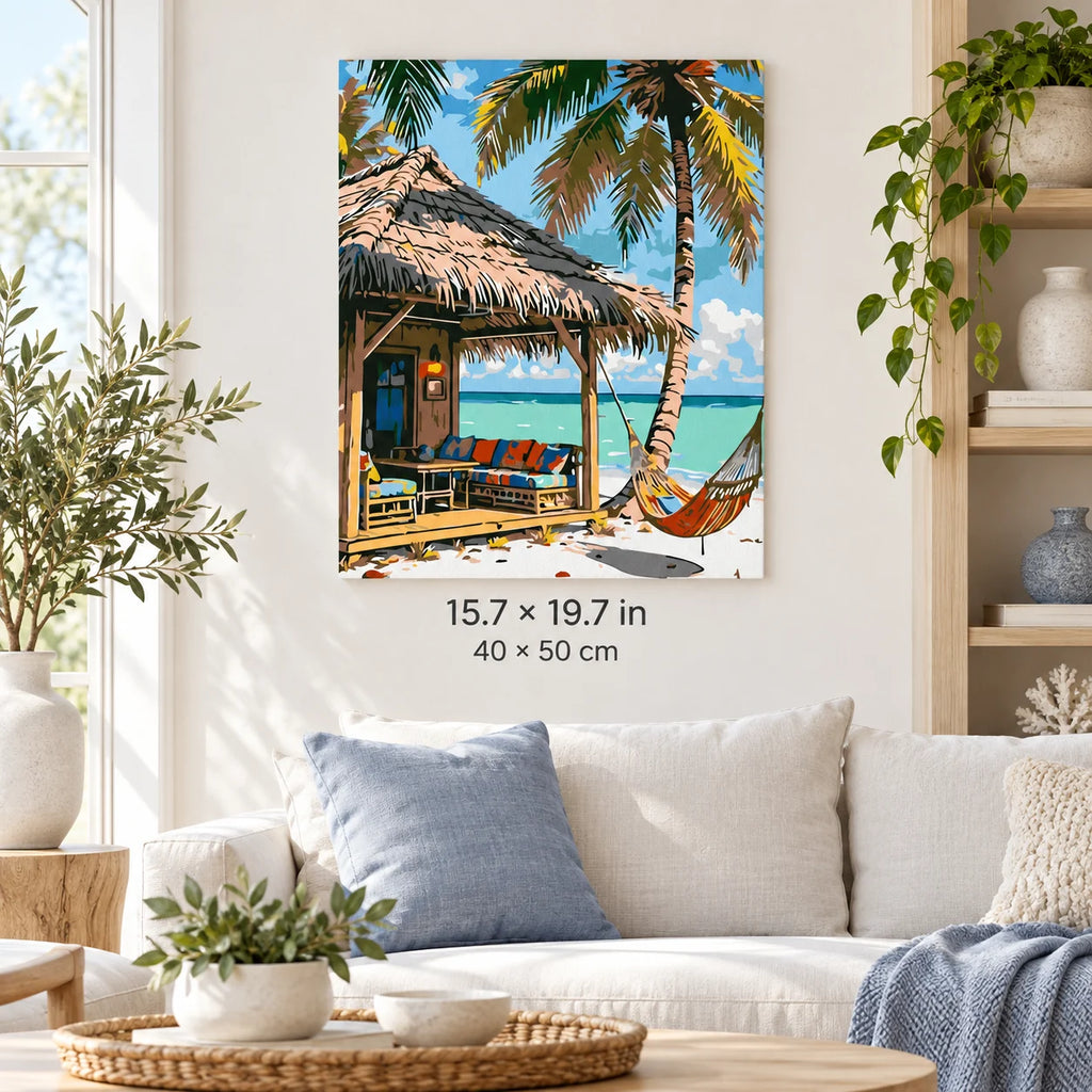 Tropical Beach Hut and Hammock shown in a styled room with 15.7 × 19.7 in and 40 × 50 cm dimensions