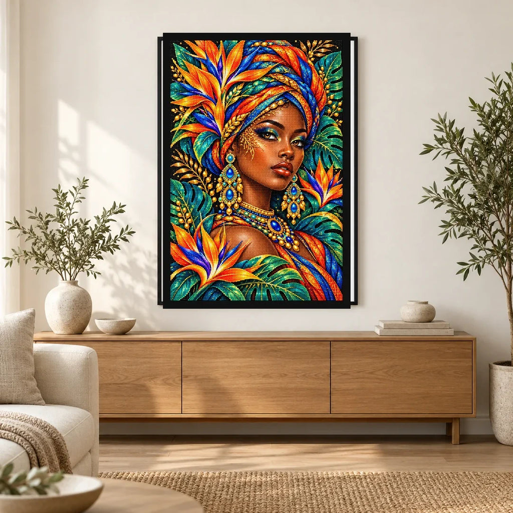 Tropical Bird of Paradise Queen finished diamond painting in a home interior
