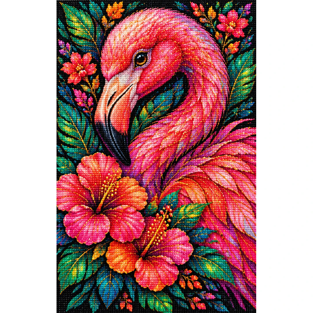 Tropical Floral Flamingo Diamond Painting Kit — Finished white-background diamond painting
