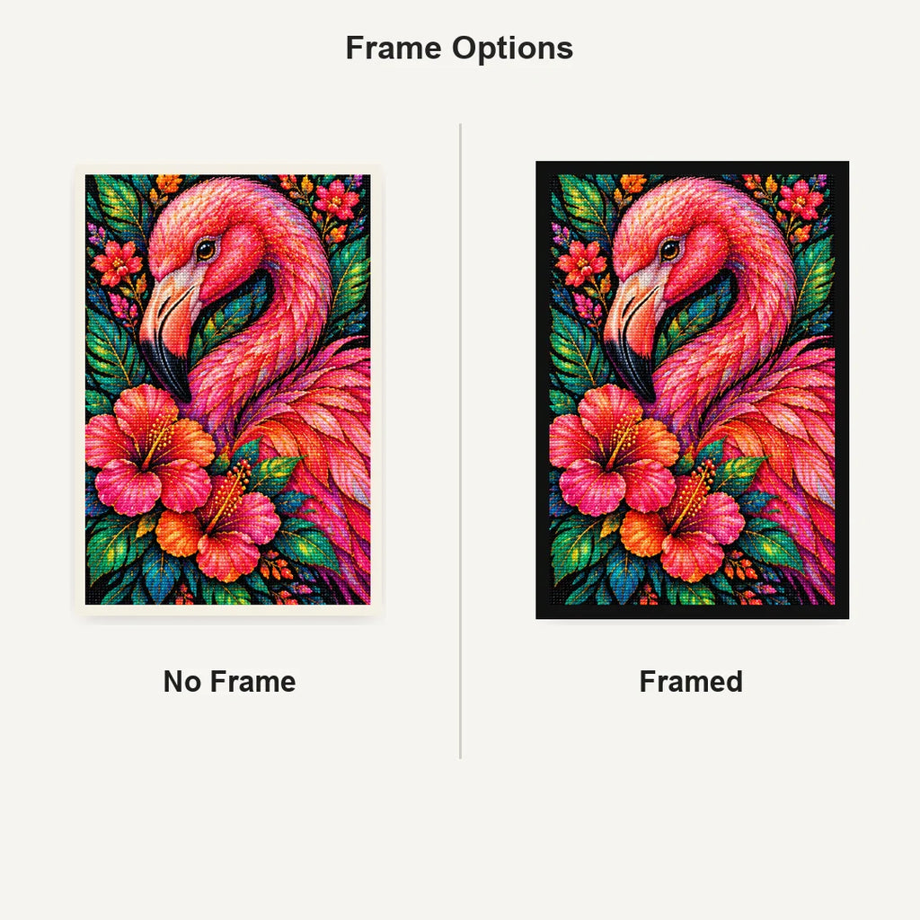 Tropical Floral Flamingo Diamond Painting Kit — No Frame and Framed comparison