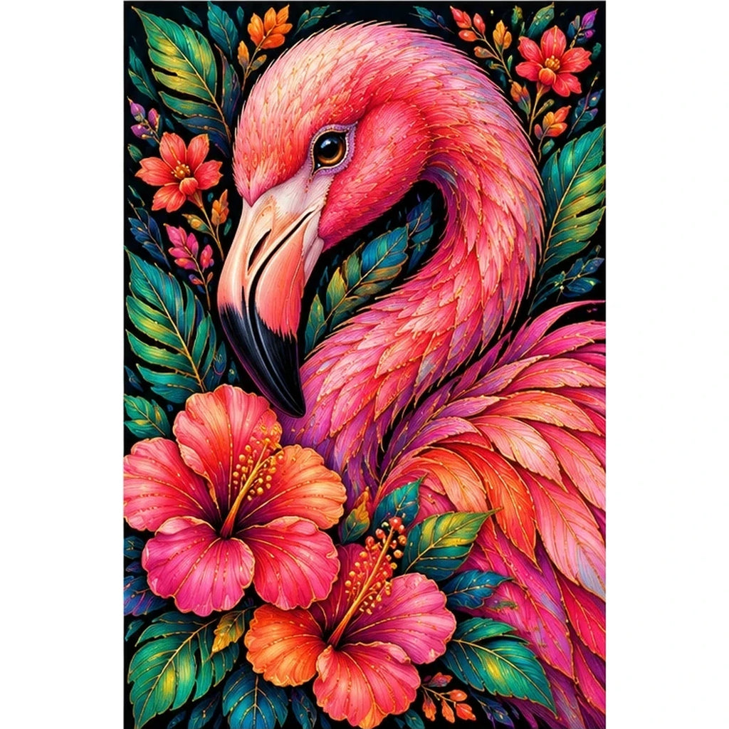 Tropical Floral Flamingo Diamond Painting Kit — original white-background artwork