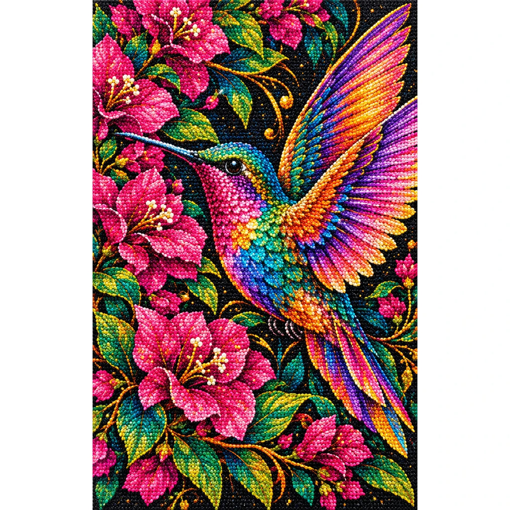 Green Hummingbird Among Ochre Branches Diamond Painting Kit — Finished white-background diamond painting