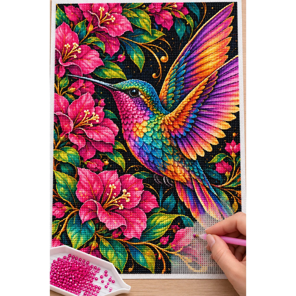 Green Hummingbird Among Ochre Branches Diamond Painting Kit — Diamond painting process
