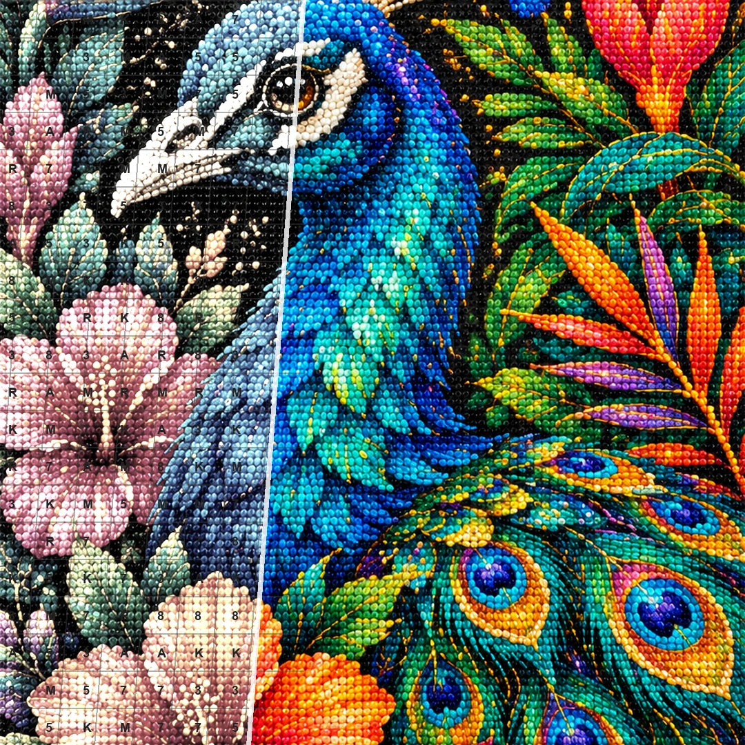 Tropical Floral Peacock Diamond Painting Kit — Diamond and canvas detail