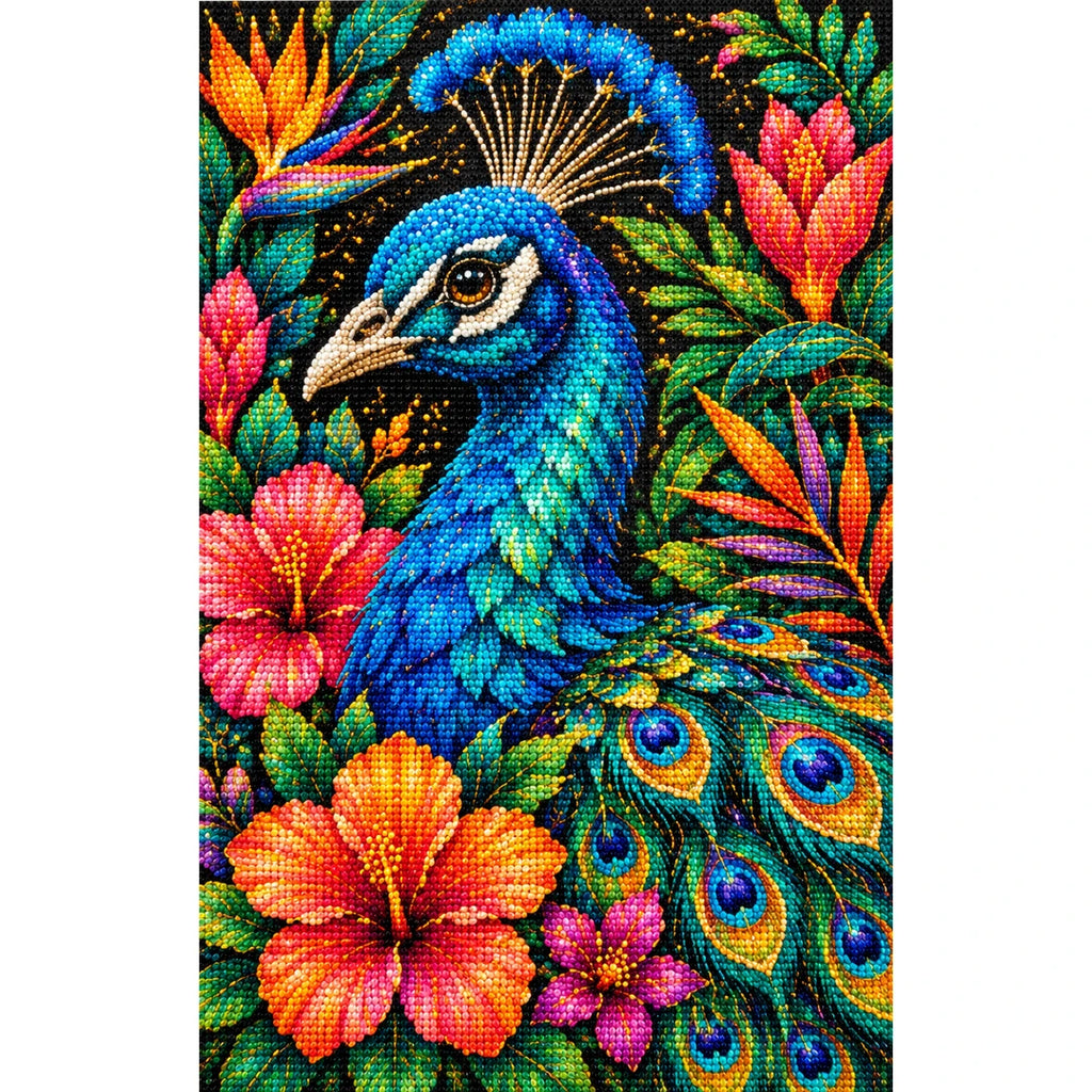 Tropical Floral Peacock Diamond Painting Kit — Finished white-background diamond painting