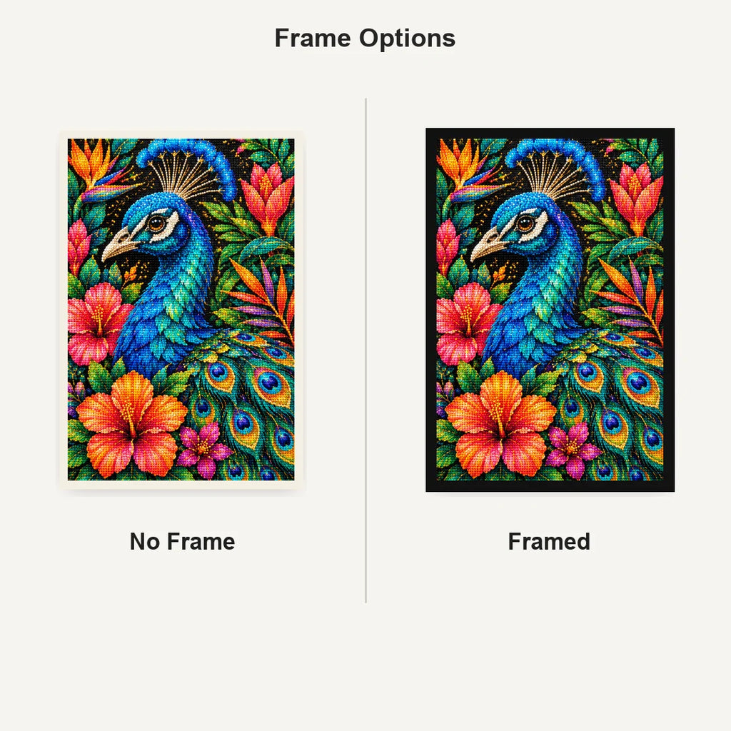 Tropical Floral Peacock Diamond Painting Kit — No Frame and Framed comparison