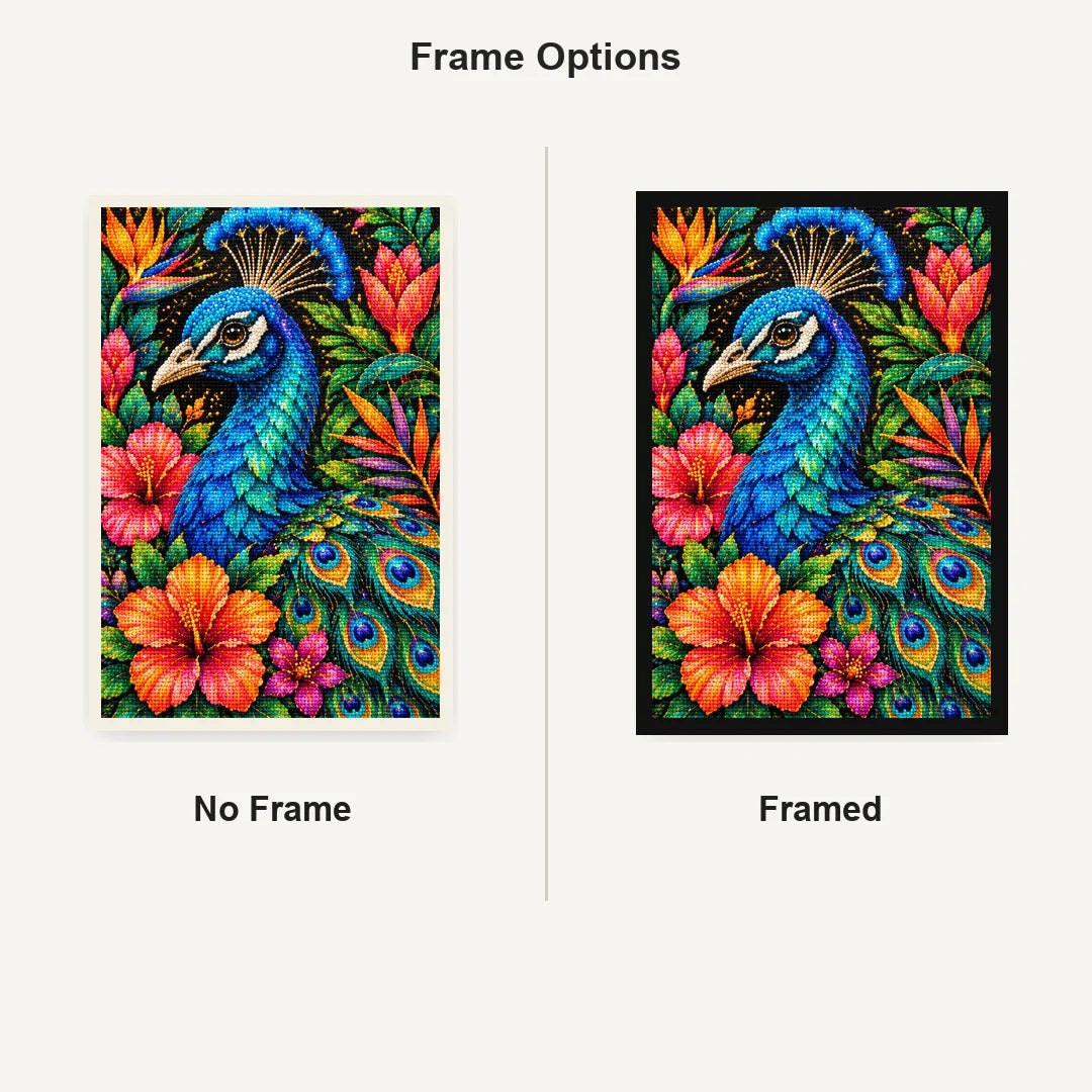Tropical Floral Peacock Diamond Painting Kit — No Frame and Framed comparison