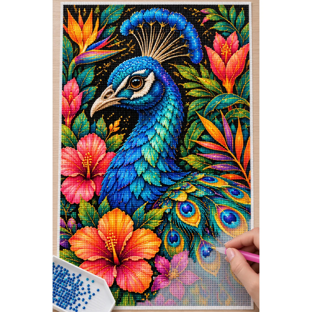 Tropical Floral Peacock Diamond Painting Kit — Diamond painting process
