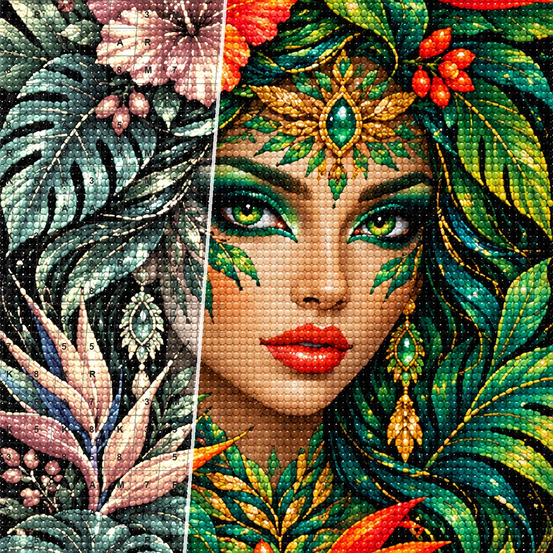 Tropical Forest Goddess Diamond Painting Kit — Diamond and canvas detail