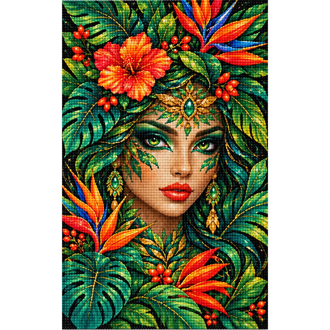 Tropical Forest Goddess Diamond Painting Kit — Finished white-background diamond painting