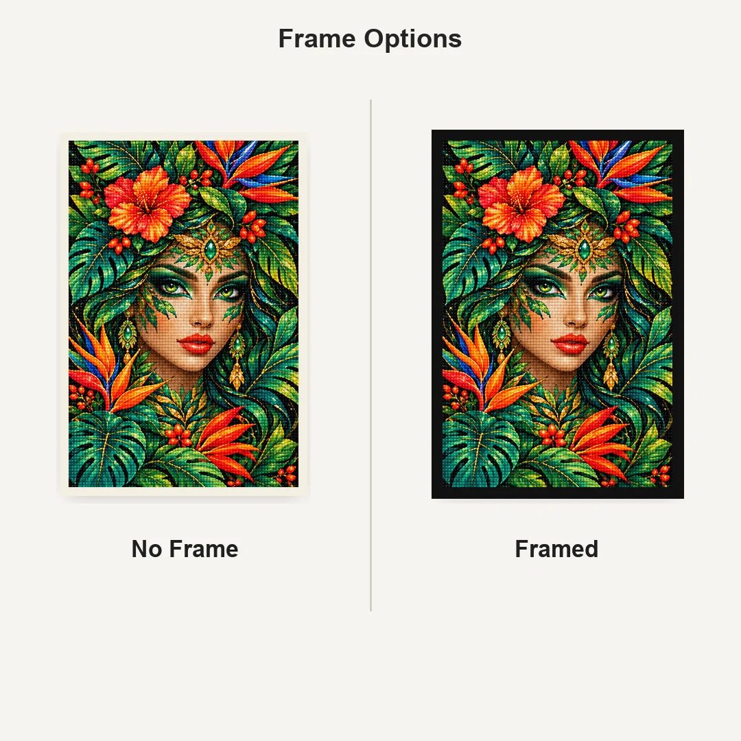 Tropical Forest Goddess Diamond Painting Kit — No Frame and Framed comparison
