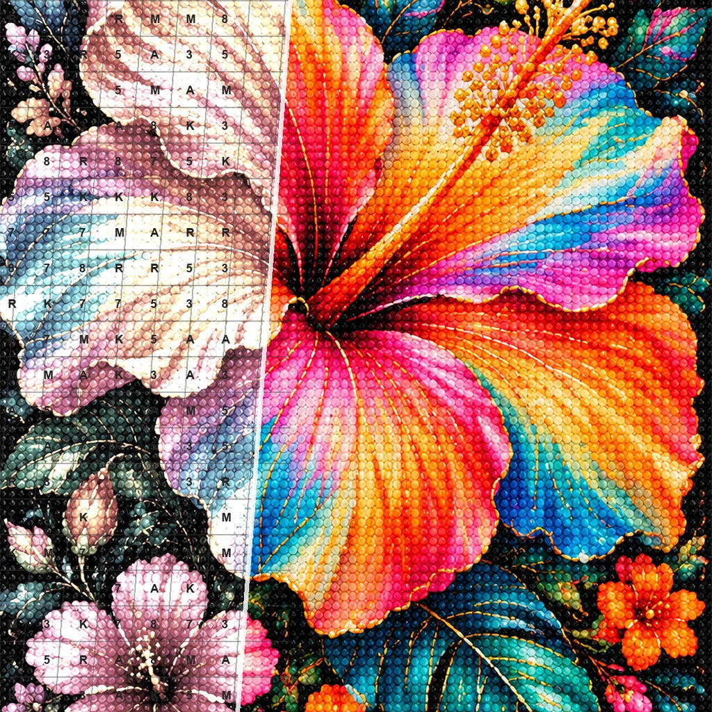 Tropical Hibiscus Bloom Diamond Painting Kit — Diamond and canvas detail