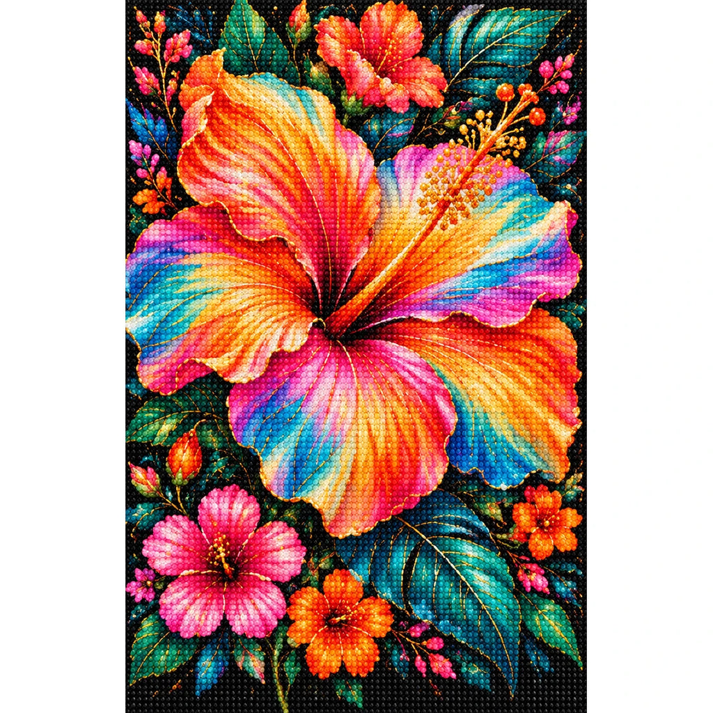 Tropical Hibiscus Bloom Diamond Painting Kit — Finished white-background diamond painting