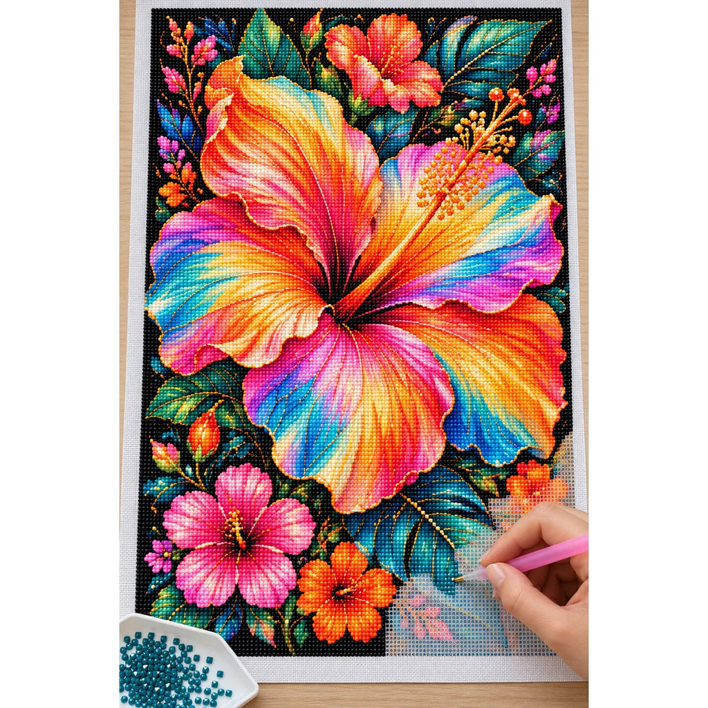 Tropical Hibiscus Bloom Diamond Painting Kit — Diamond painting process