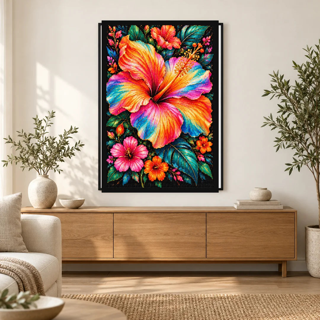Tropical Hibiscus Bloom Diamond Painting Kit — Home decor scene