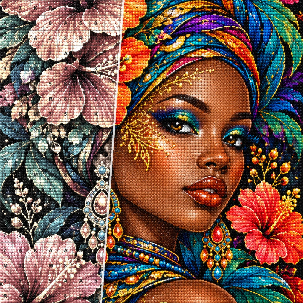 Tropical Hibiscus Queen Diamond Painting Kit — Diamond and canvas detail