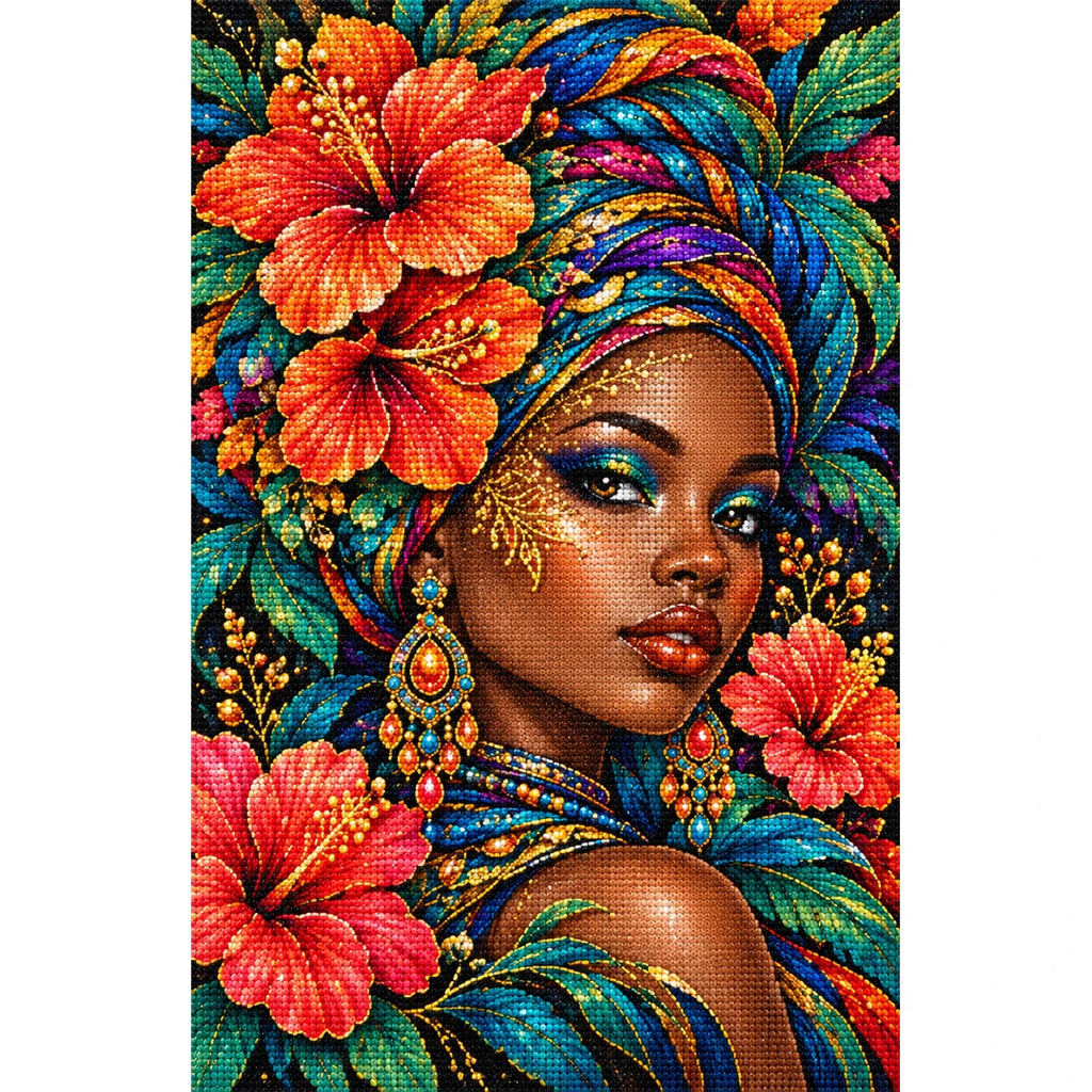 Tropical Hibiscus Queen Diamond Painting Kit — Finished white-background diamond painting