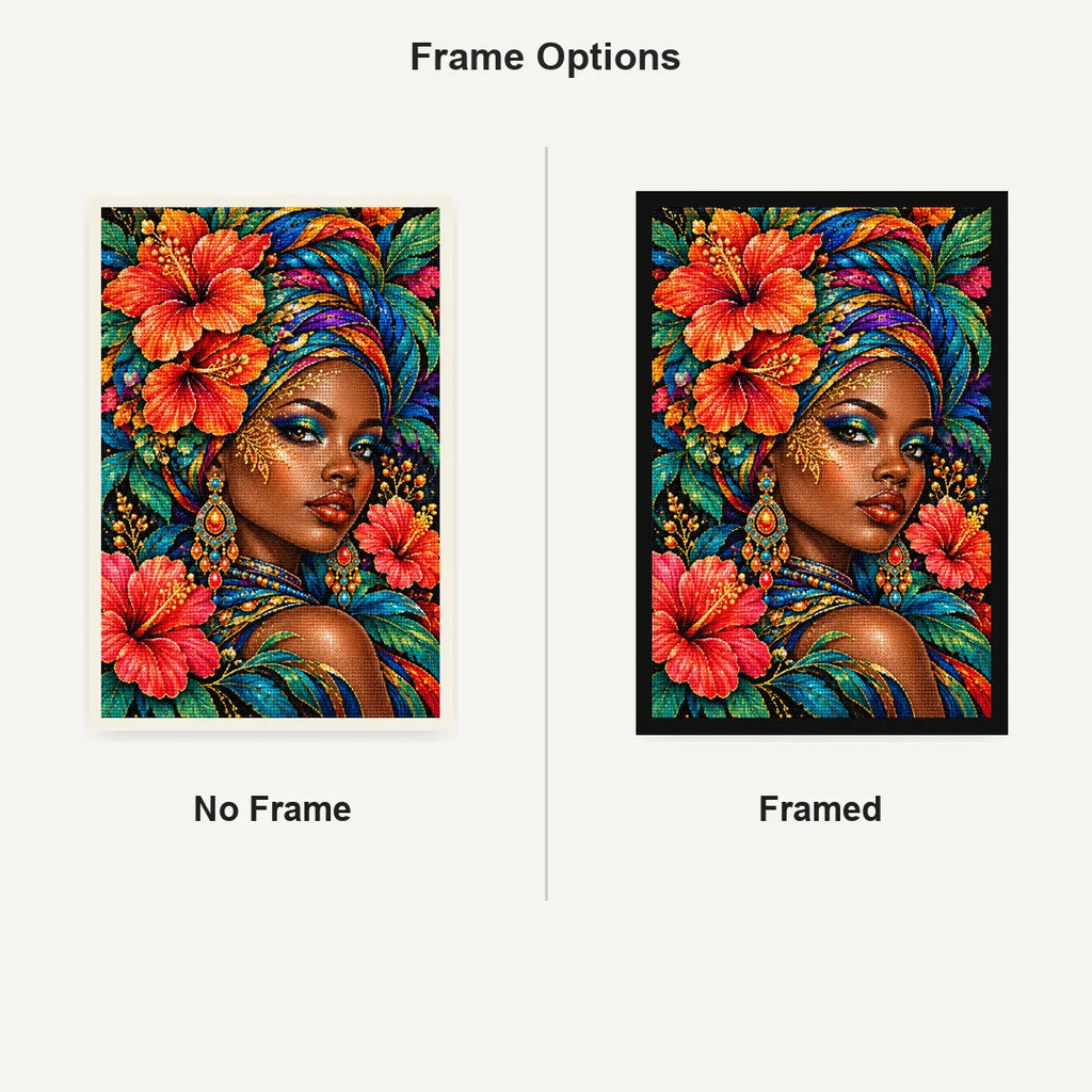 Tropical Hibiscus Queen Diamond Painting Kit — No Frame and Framed comparison