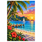 Tropical Island Sunset Sailboat finished diamond artwork on white background