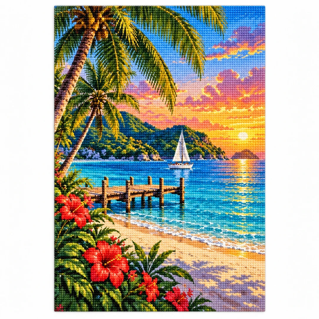 Tropical Island Sunset Sailboat finished diamond artwork on white background