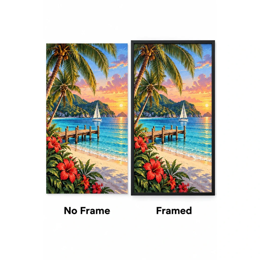 Tropical Island Sunset Sailboat No Frame and Framed comparison