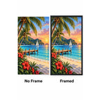 Tropical Island Sunset Sailboat No Frame and Framed comparison