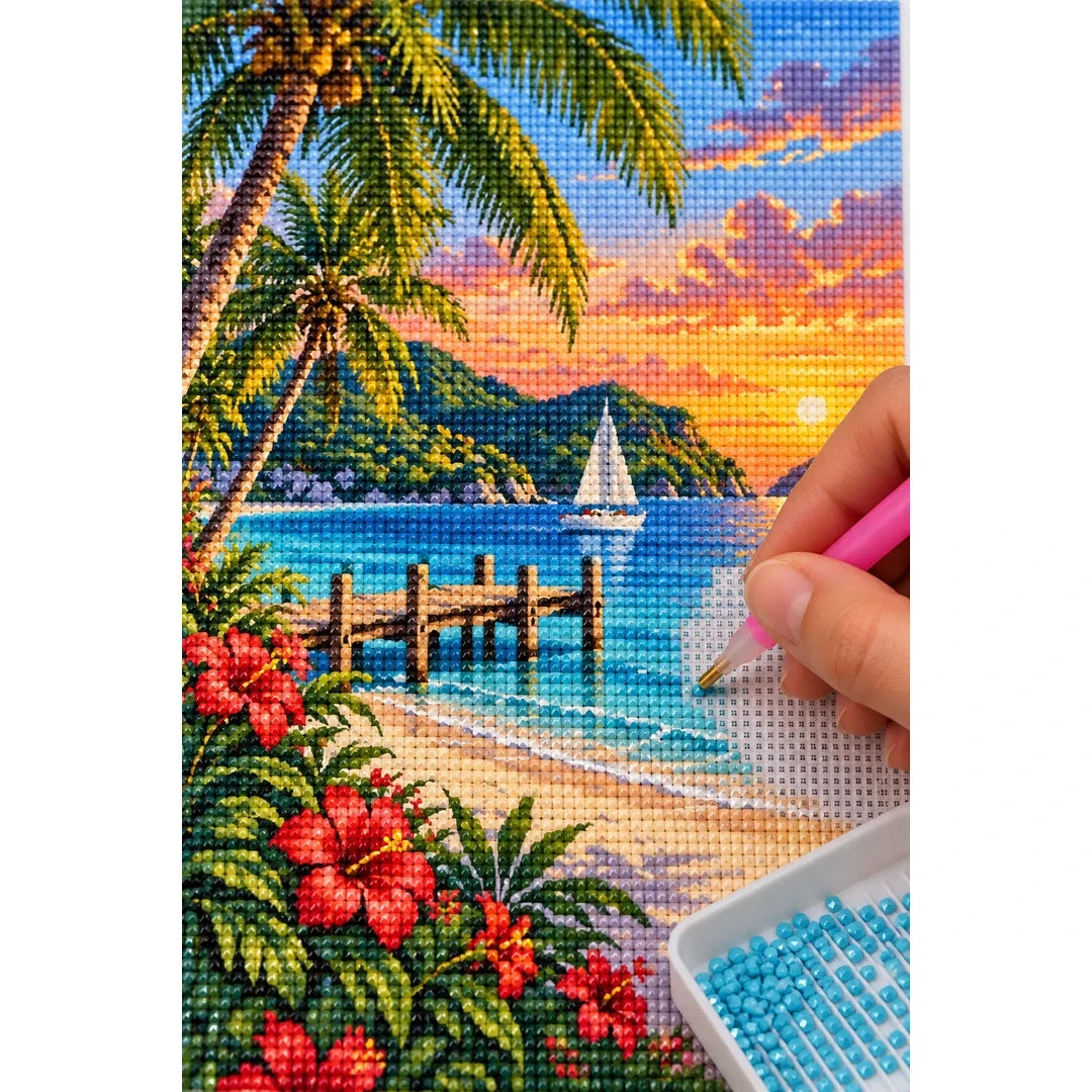 Tropical Island Sunset Sailboat diamond placement process