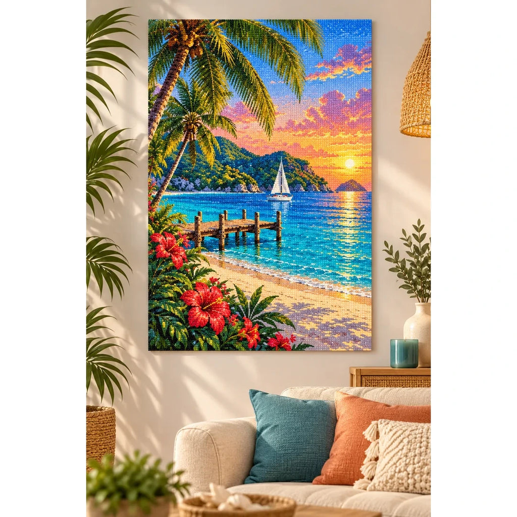 Tropical Island Sunset Sailboat home decor scene