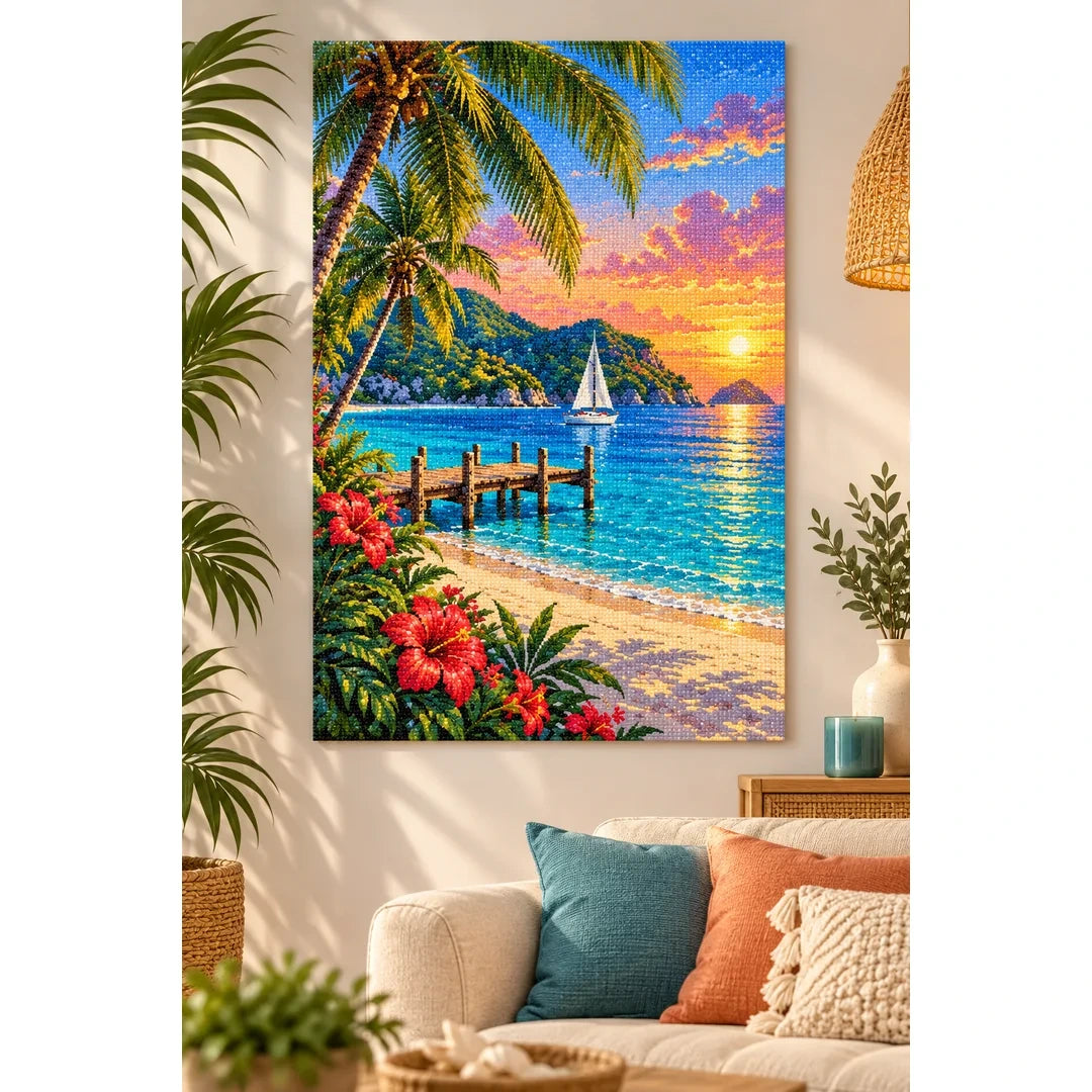 Tropical Island Sunset Sailboat home decor scene