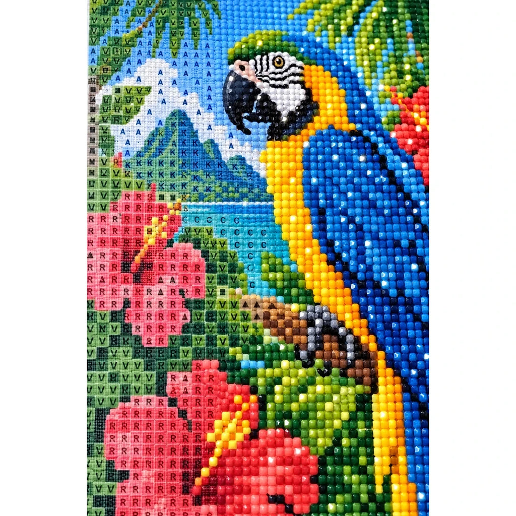 Tropical Macaw Hibiscus Diamond Painting Kit diamond and canvas detail