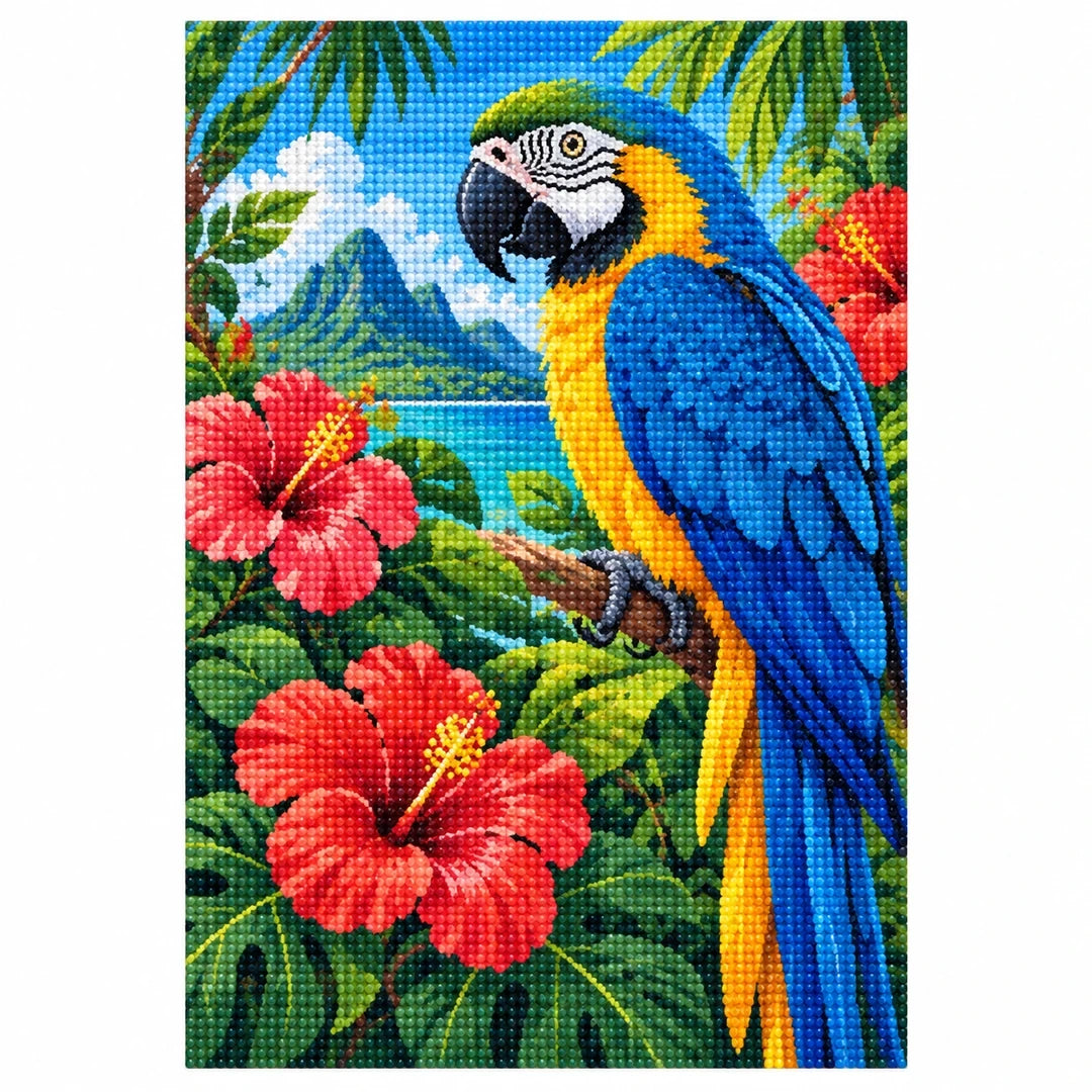 Tropical Macaw Hibiscus Diamond Painting Kit finished diamond artwork on white background