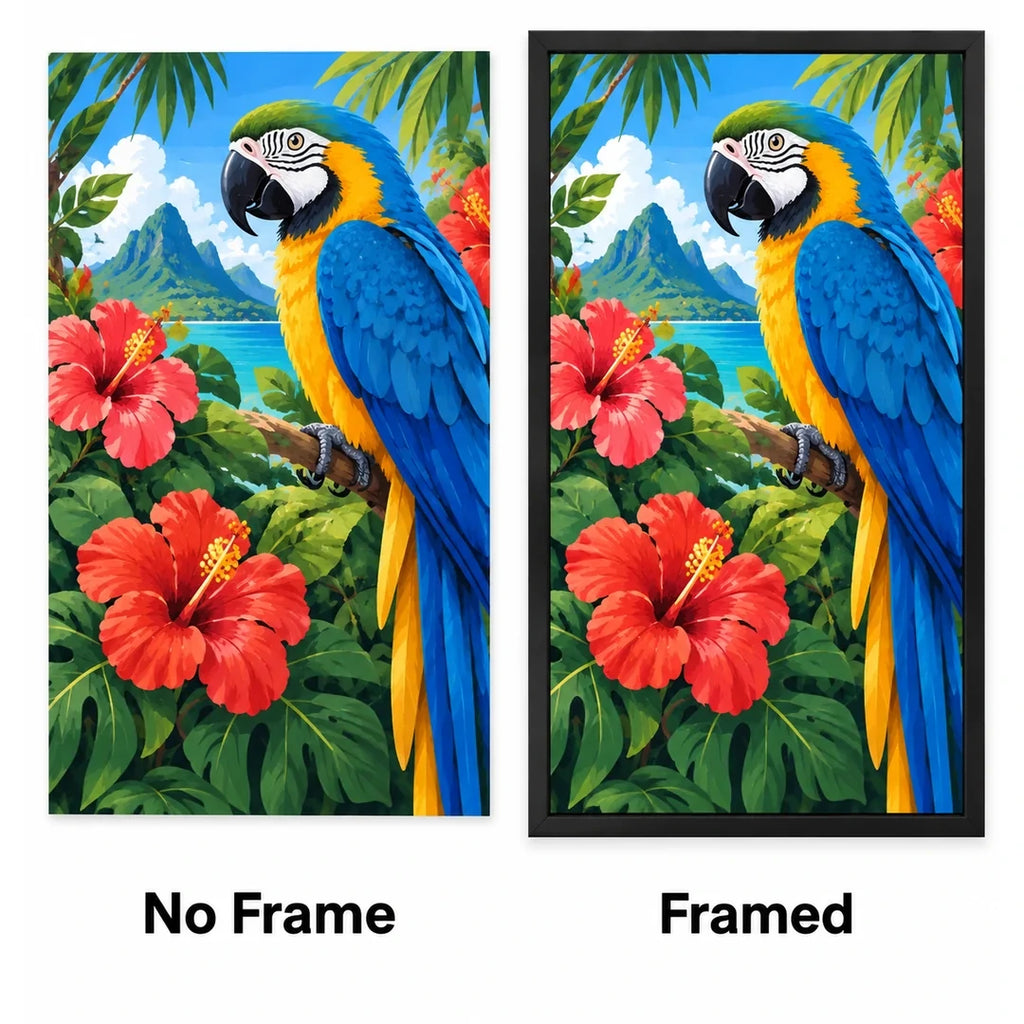 Tropical Macaw Hibiscus Diamond Painting Kit No Frame and Framed comparison