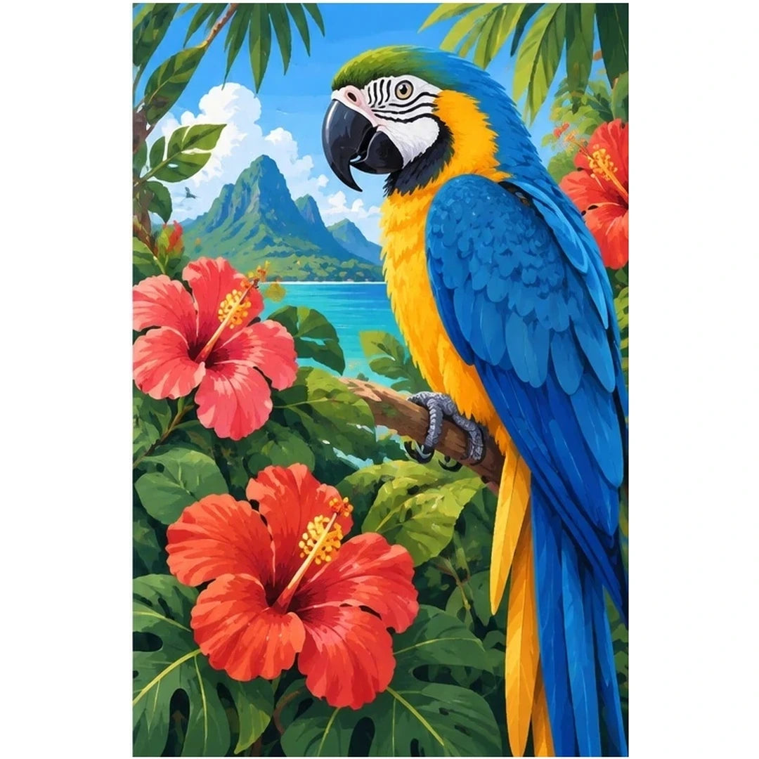 Tropical Macaw Hibiscus original artwork on white background